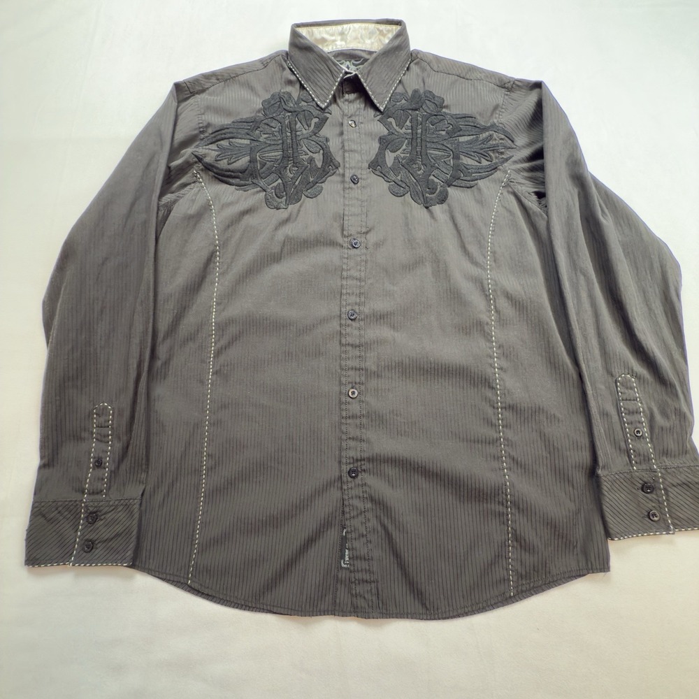 Roar Shirt Mens 2XL Black On Black Embroidered Long Sleeve Classic Button-Up Y2K